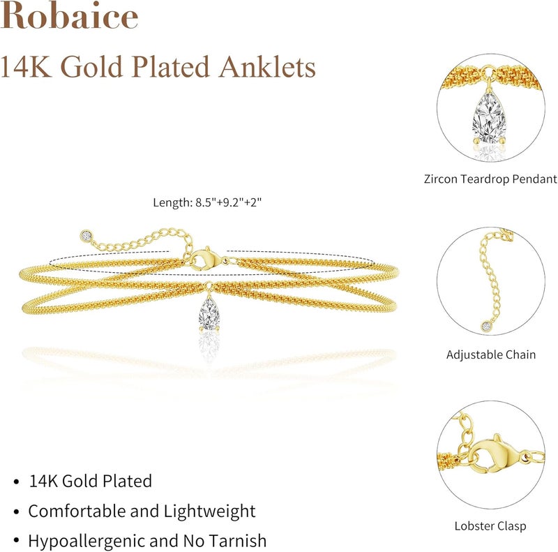 Robaice Ankle Bracelets for Women, Glitter Waterproof Adjustable Anklet for Women, 14K Gold Plated/Sterling Silver Layered Anklets, Summer Beach Anklet Jewelry for Women Gift - Image 5